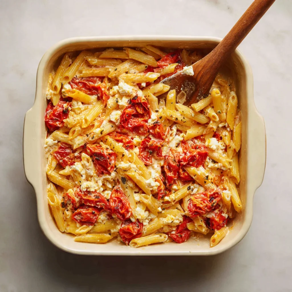 Baked Feta Pasta with Roasted Tomatoes and Creamy Mediterranean Flavor 4 Roasted tomatoes and baked feta ready to mix into pasta