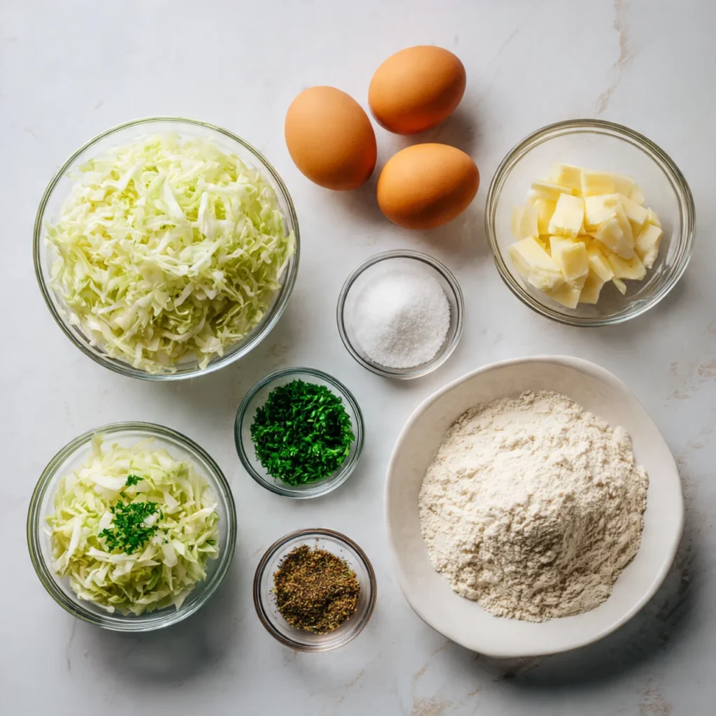 Ingredients for cabbage patties arranged in glass bowls