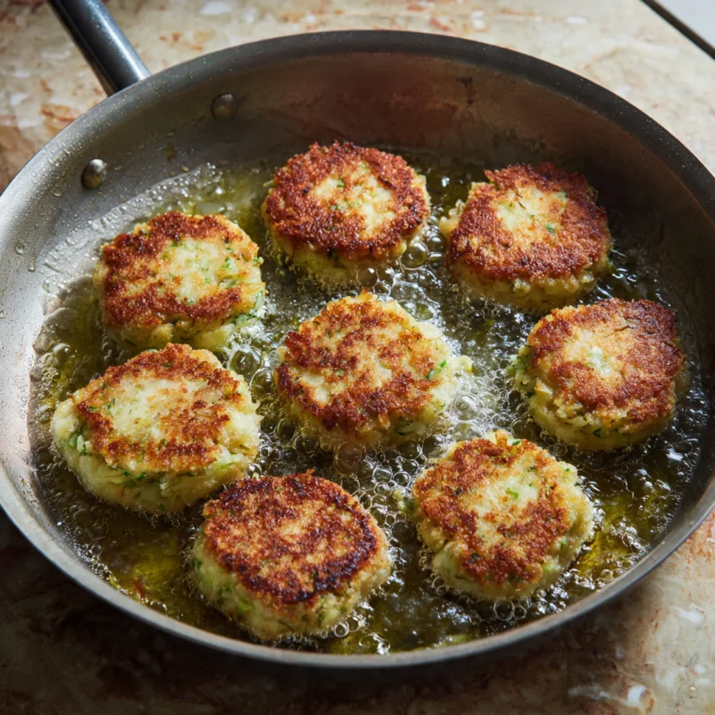Cabbage patties frying until golden and crispy