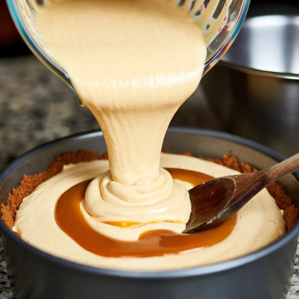 Assembling caramel apple cheesecake before baking
