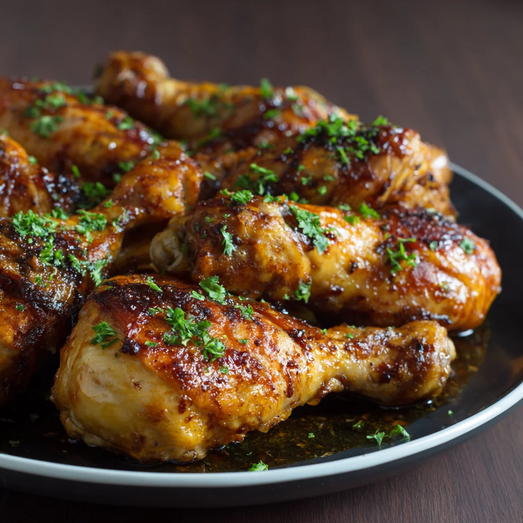 Easy honey garlic chicken legs served with sticky savory glaze