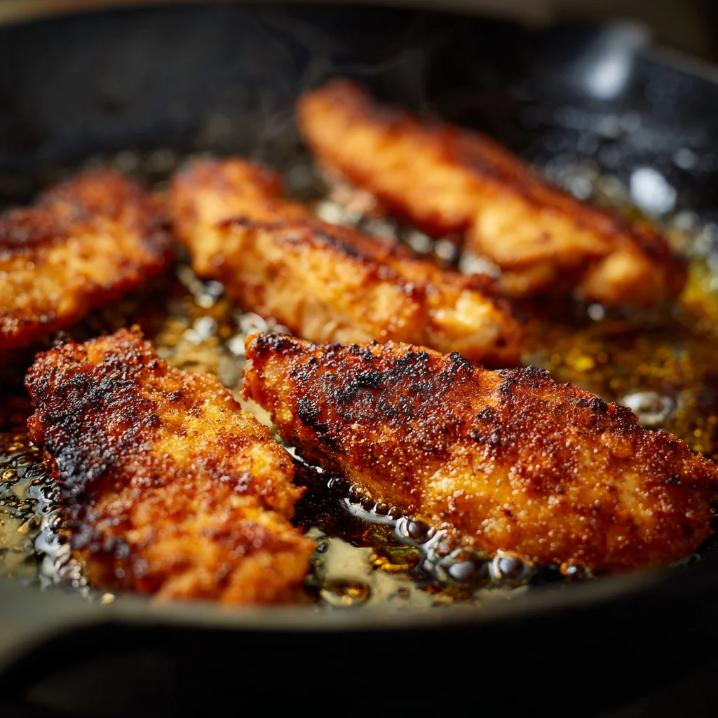 Chicken fajitas cooking in skillet on stove