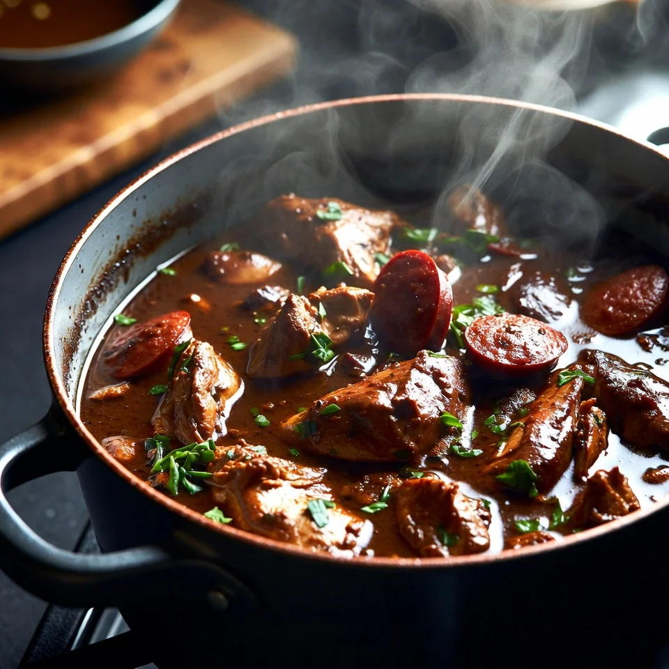 Chicken gumbo simmering on stovetop