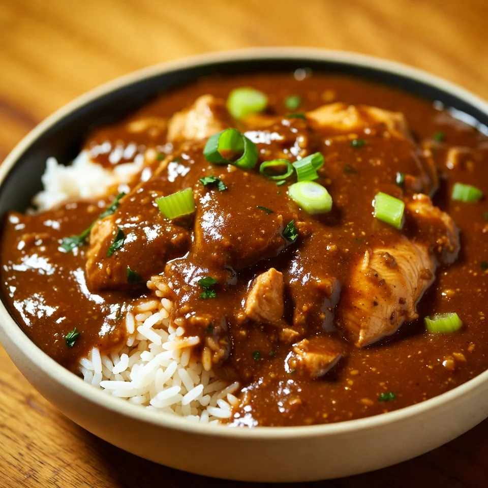 Chicken gumbo served over rice with sausage