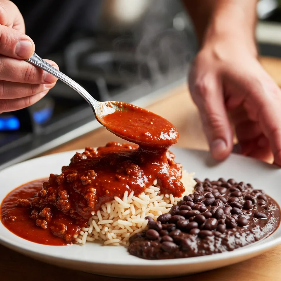 Chile Colorado with Rice & Beans Plate 5 Plating chile colorado with rice and beans