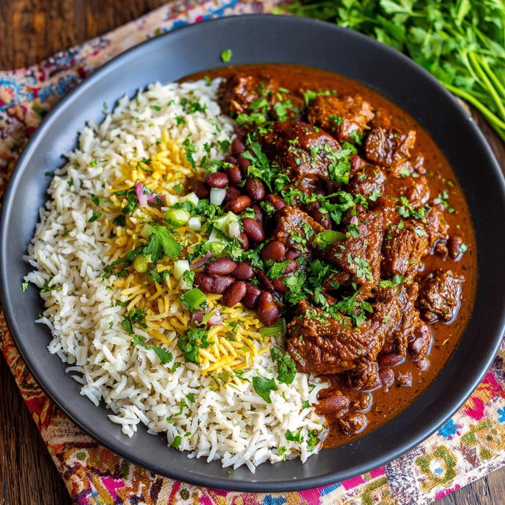 Chile Colorado with Rice & Beans Plate 7 Chile colorado with rice and beans dinner plate