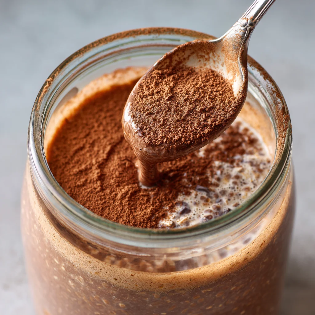 Chocolate Overnight Oats – A Creamy, Healthy Breakfast You’ll Crave 3 Mixing chocolate overnight oats in a jar