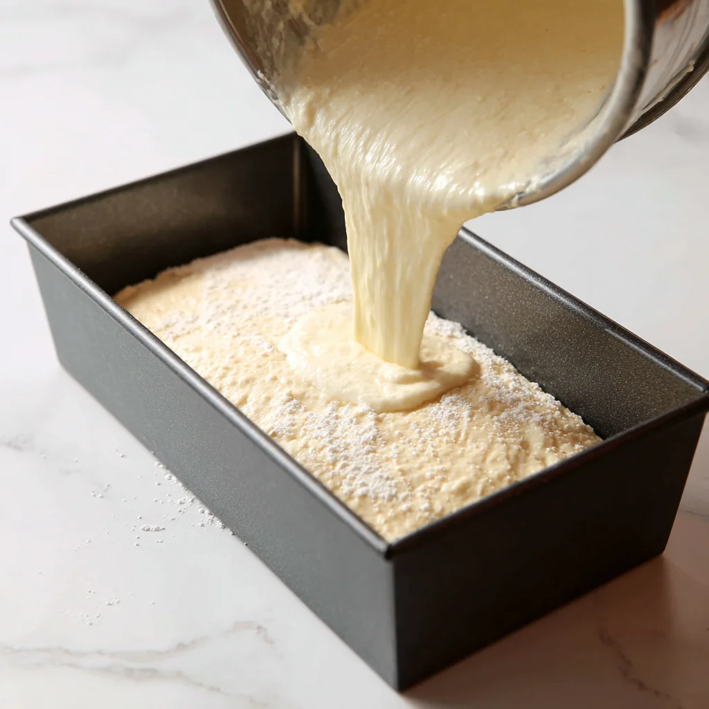 Pouring cranberry orange bread batter into loaf pan