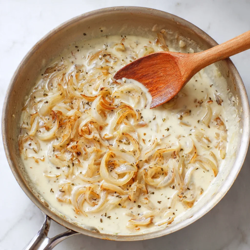Creamy onion gravy being cooked for smothered chicken