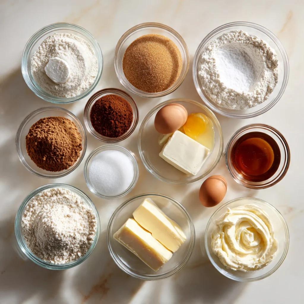 Ingredients for Cream Cheese Cinnamon Sugar Rolls arranged in glass bowls