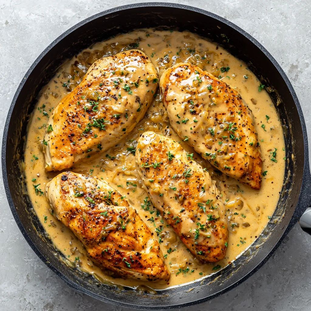 Chicken simmering in creamy onion gravy for creamy smothered chicken