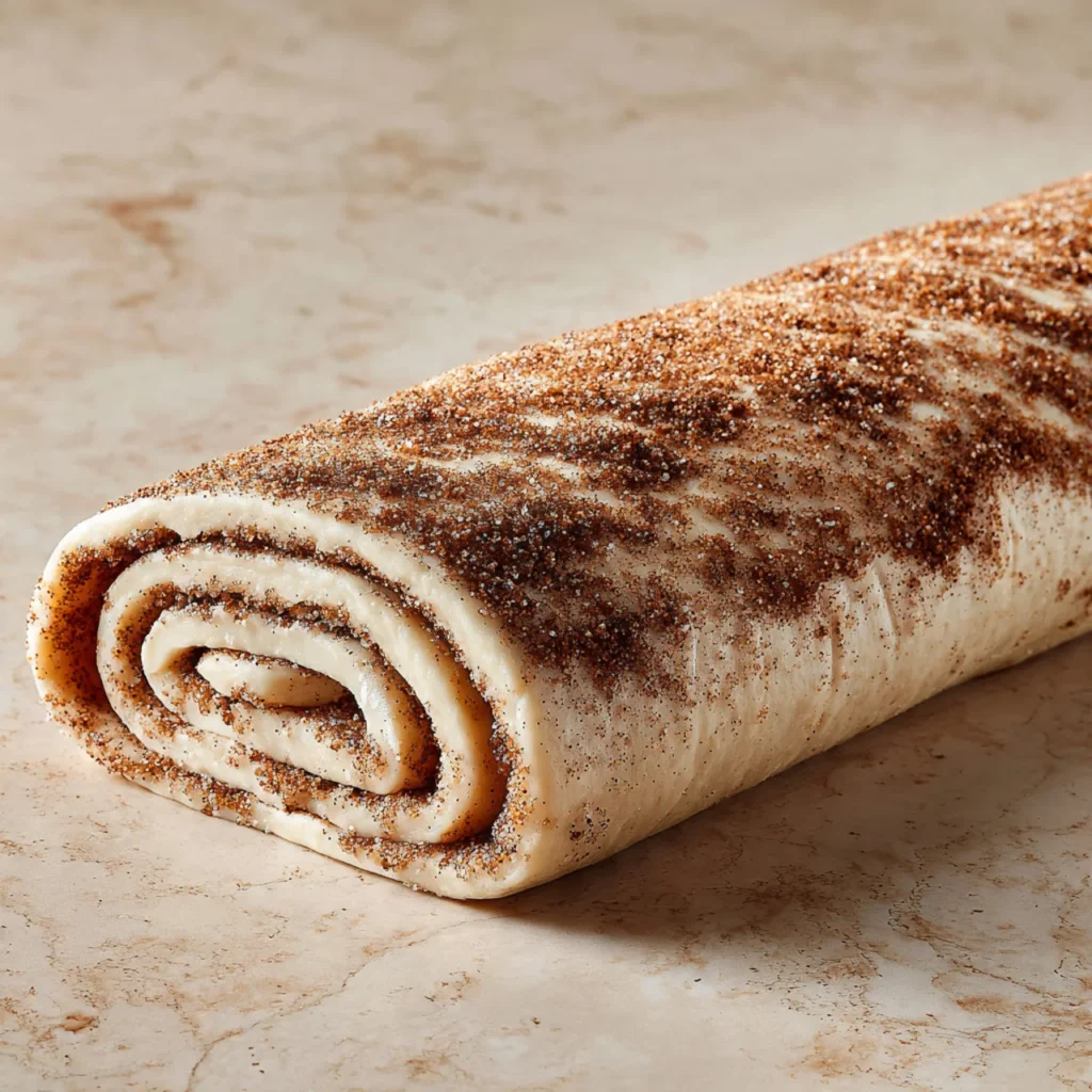 Cinnamon sugar filling spread on dough and rolled into log