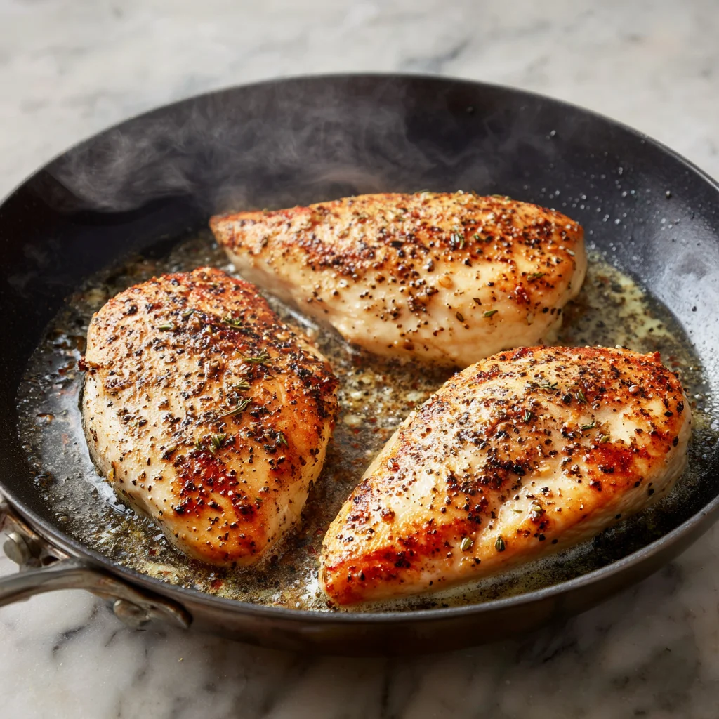 Chicken breasts searing in skillet for creamy smothered chicken