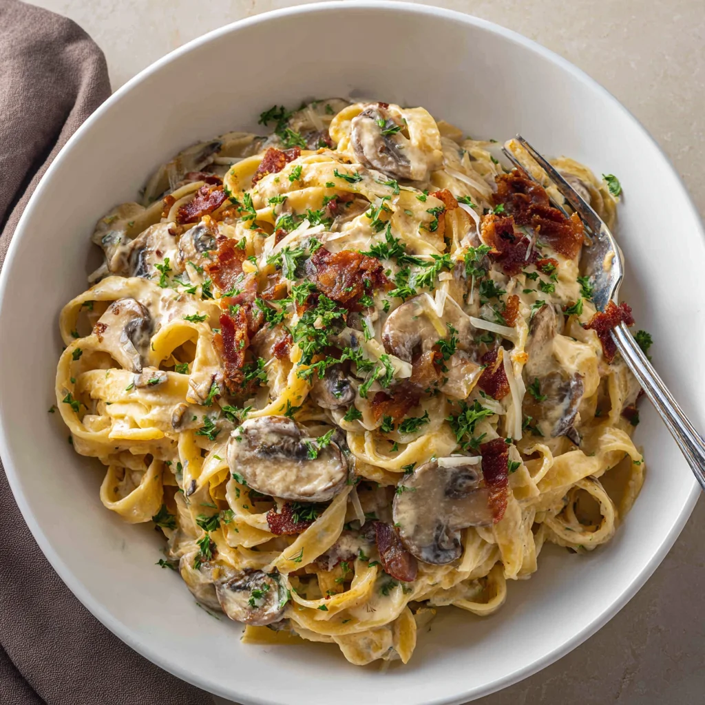 Creamy Bacon Mushroom Pasta – The Ultimate Comfort Weeknight Dinner 5 Creamy bacon mushroom pasta served in bowl