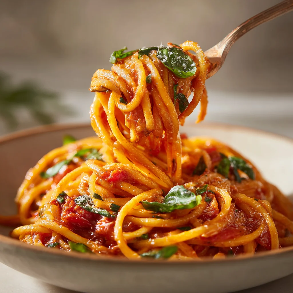 Creamy Basil Tomato Pasta – A Rich & Comforting Red Pasta You’ll Love 5 Creamy basil tomato pasta served in white bowl