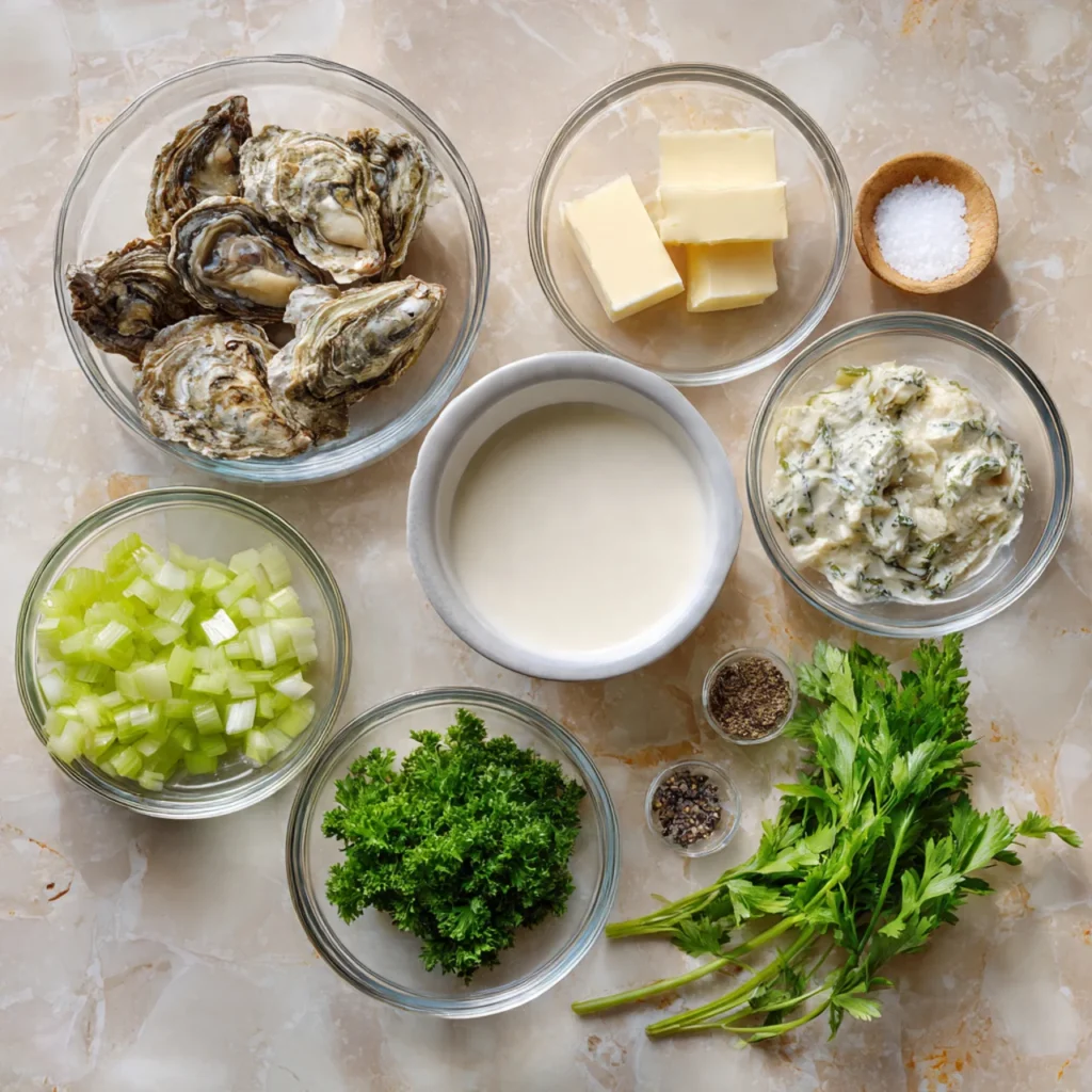 Creamy Oyster Stew Recipe with Silky Broth and Coastal Comfort 2 Ingredients for creamy oyster stew arranged in glass bowls
