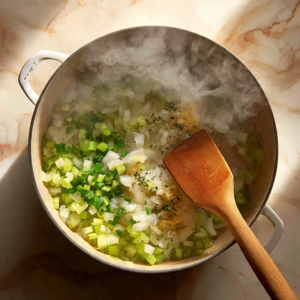 Creamy Oyster Stew Recipe with Silky Broth and Coastal Comfort 3 Onions and celery sautéing in butter for oyster stew