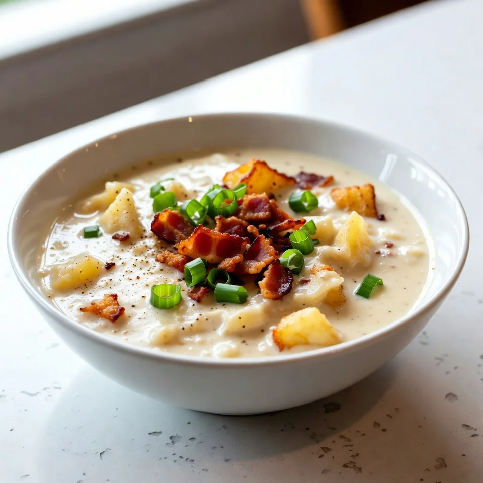 Creamy crockpot potato soup with hashbrowns served in white bowl