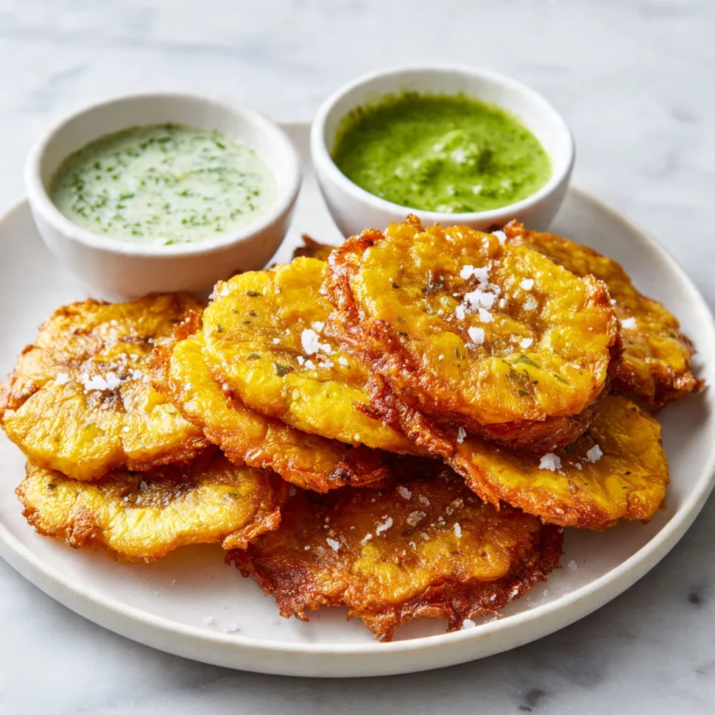 Golden crispy tostones after second fry ready to serve