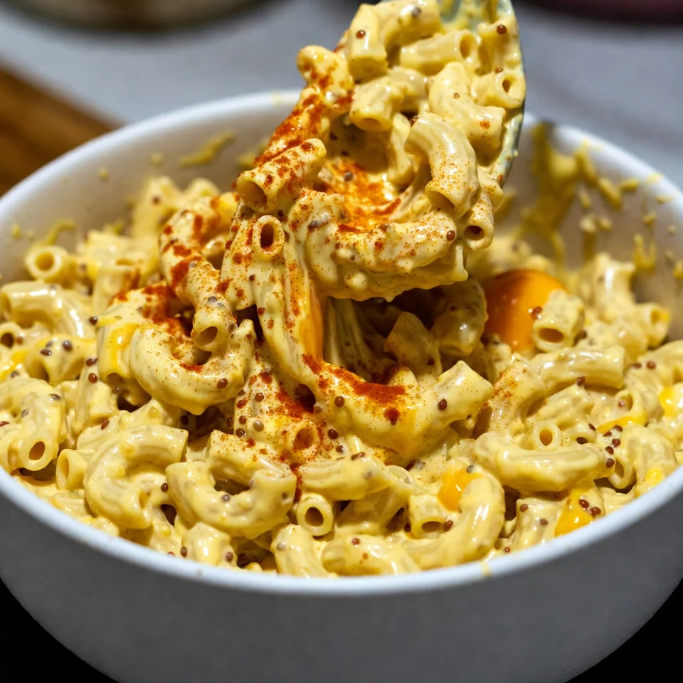 Mixing deviled egg macaroni pasta salad