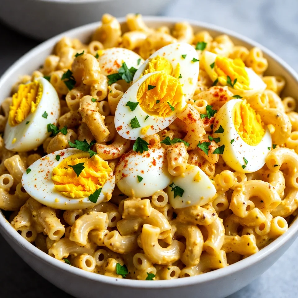 Creamy deviled egg macaroni pasta salad in white bowl