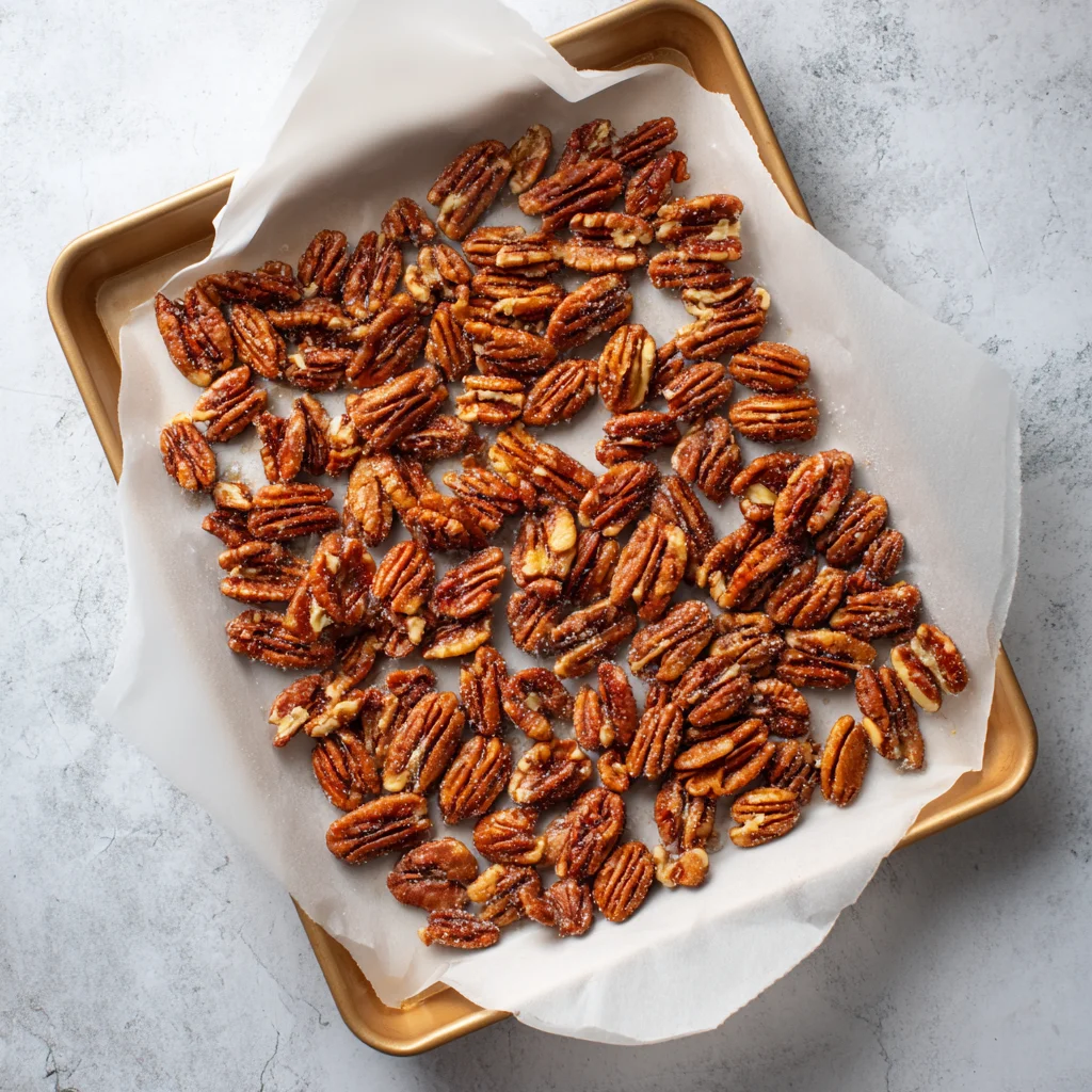 Candied pecans cooling and hardening on parchment paper
