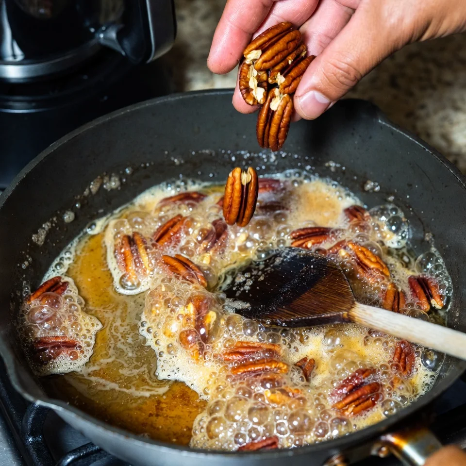 Cooking stovetop candied pecans until coated