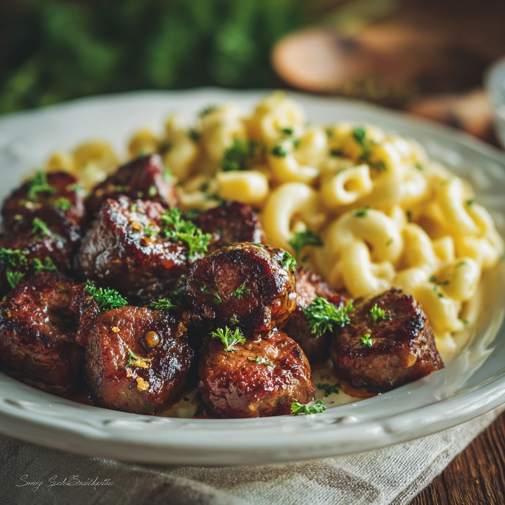 Garlic Butter Beef Sausage Bites with Creamy Parmesan Pasta 6 Garlic Butter Beef Sausage Bites with Creamy Parmesan Pasta