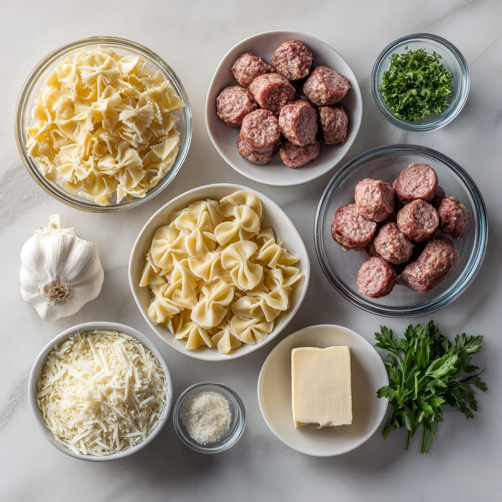 Garlic Butter Beef Sausage Bites with Creamy Parmesan Pasta 3 ingredients of Garlic Butter Beef Sausage Bites with Creamy Parmesan Pasta
