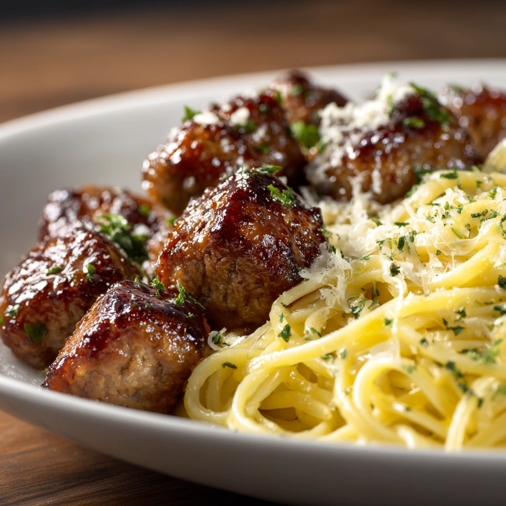 Garlic Butter Beef Sausage Bites with Creamy Parmesan Pasta 2 Garlic Butter Beef Sausage Bites with Creamy Parmesan Pasta