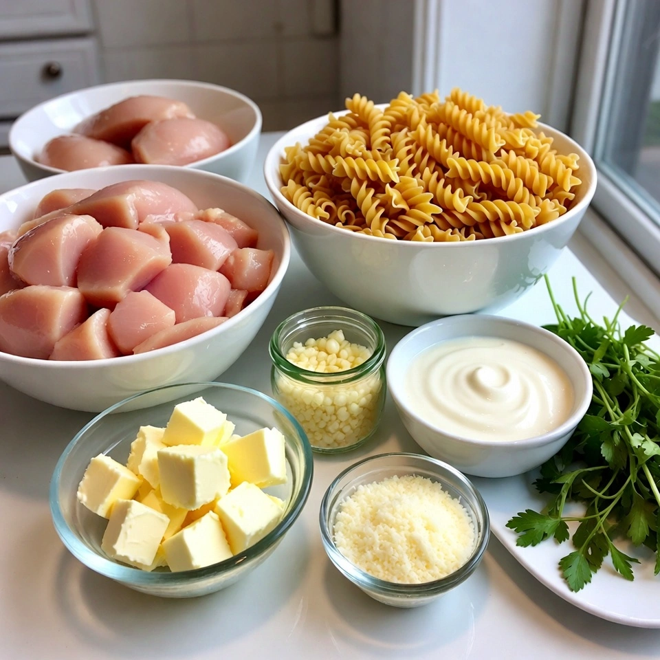 ingredients of Garlic Butter Chicken Bites with Savory Creamy Parmesan Pasta
