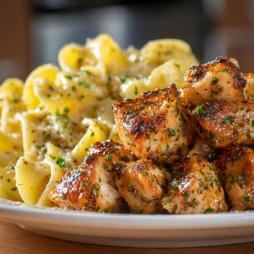 Garlic Butter Chicken Bites with Savory Creamy Parmesan Pasta