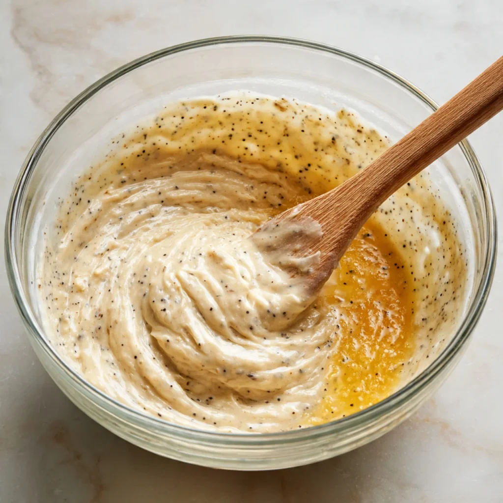 Grapefruit Poppy Seed Cake Recipe with Bright Citrus Flavor and Tender Crumb 3 Grapefruit poppy seed cake batter being mixed in glass bowl
