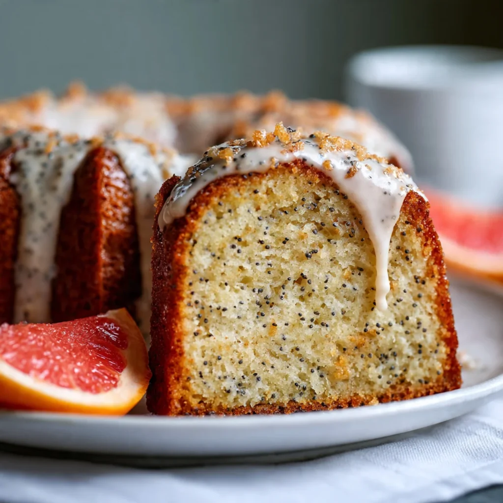 Grapefruit Poppy Seed Cake Recipe with Bright Citrus Flavor and Tender Crumb 5 Fresh grapefruit glaze poured over baked grapefruit poppy seed cake