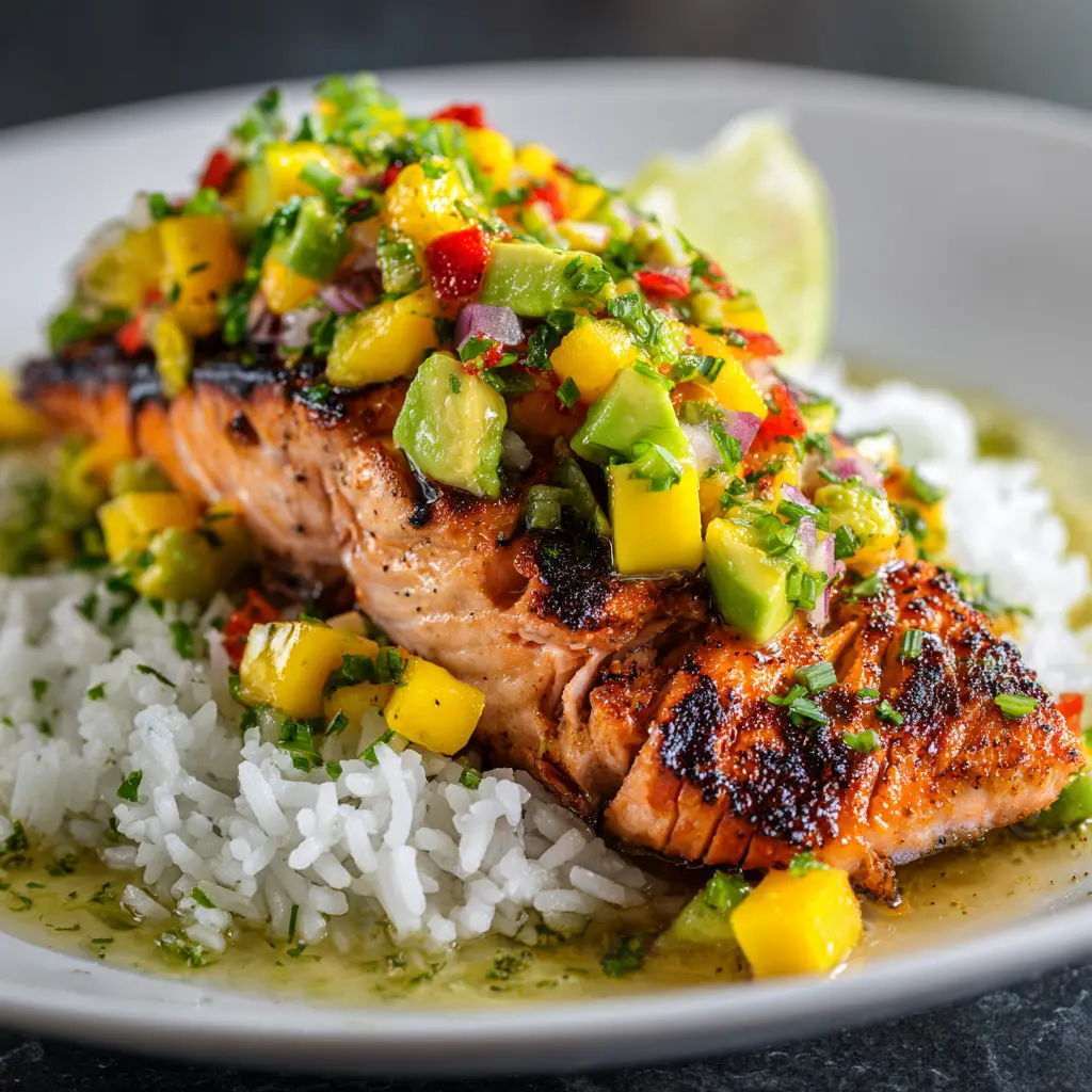 Grilled Lime Salmon with Avocado Mango Salsa and Coconut Rice 2 Grilled Lime Salmon with Avocado Mango Salsa and Coconut Rice