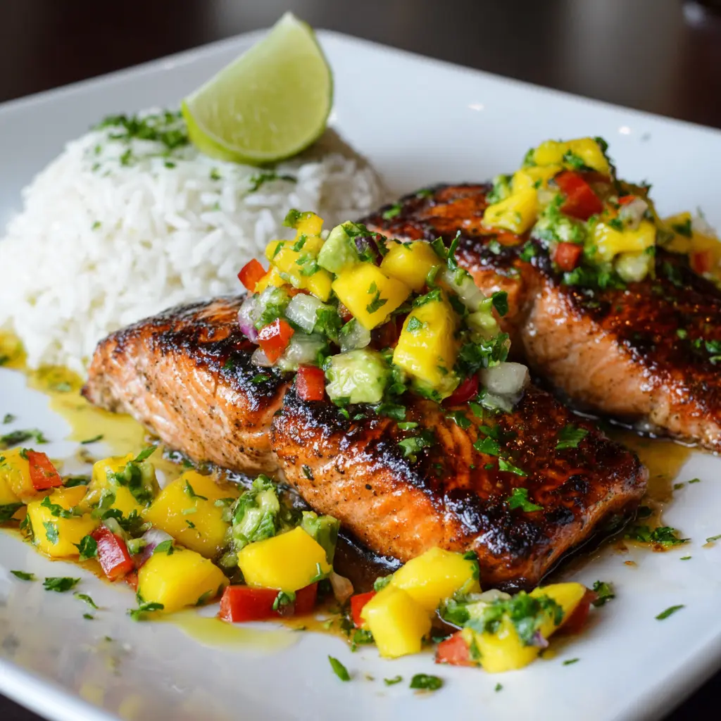Grilled Lime Salmon with Avocado Mango Salsa and Coconut Rice 7 Grilled Lime Salmon with Avocado Mango Salsa and Coconut Rice