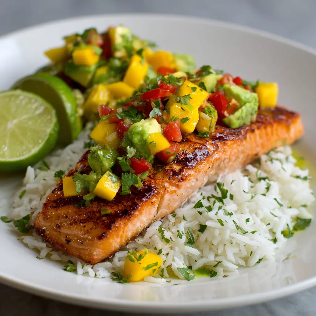 Grilled Lime Salmon with Avocado Mango Salsa and Coconut Rice 6 Grilled Lime Salmon with Avocado Mango Salsa and Coconut Rice