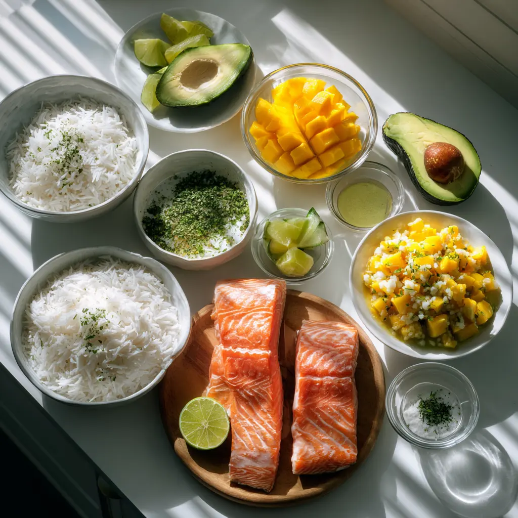 Grilled Lime Salmon with Avocado Mango Salsa and Coconut Rice 3 ingredients of Grilled Lime Salmon with Avocado Mango Salsa and Coconut Rice