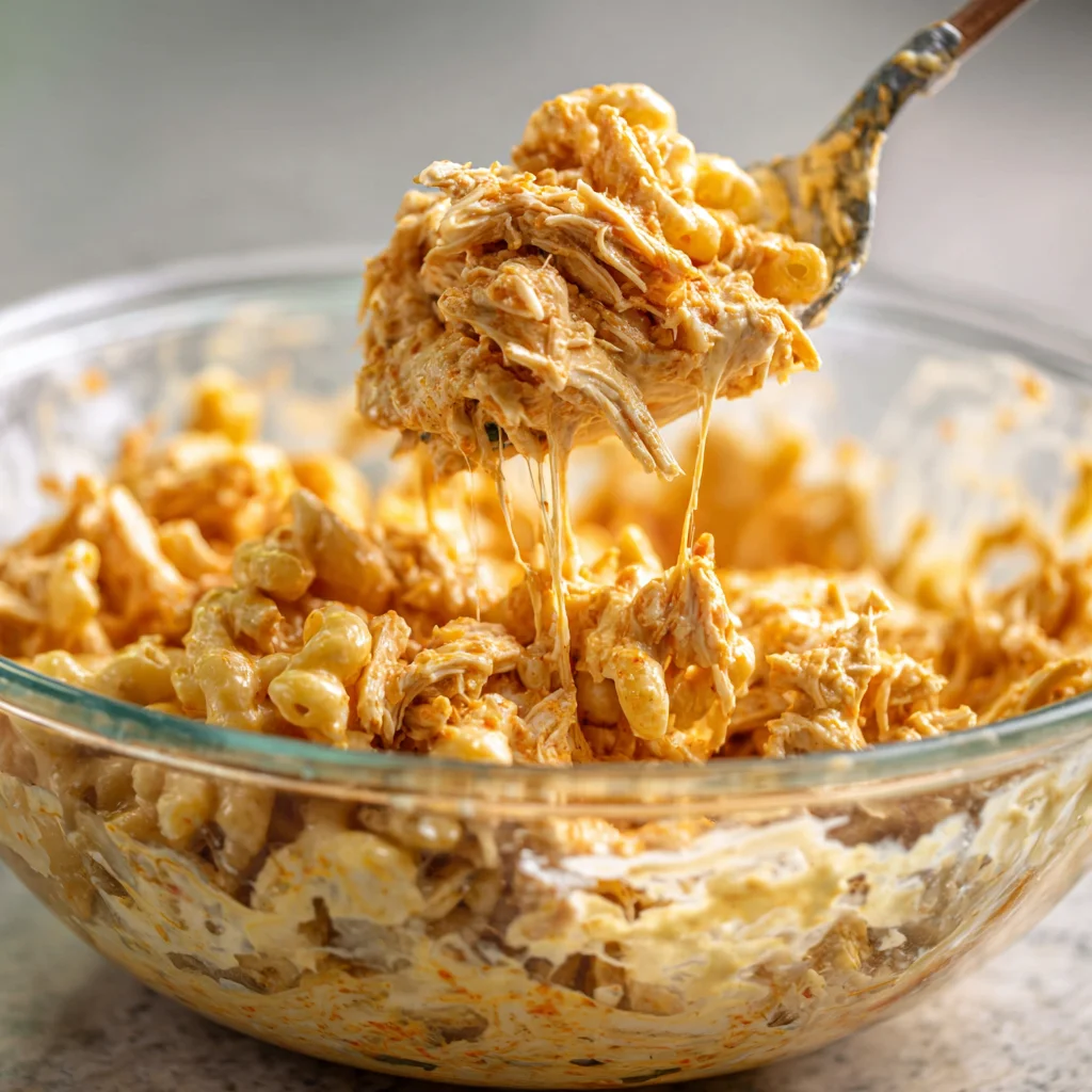 Mixing buffalo mac and cheese in saucepan