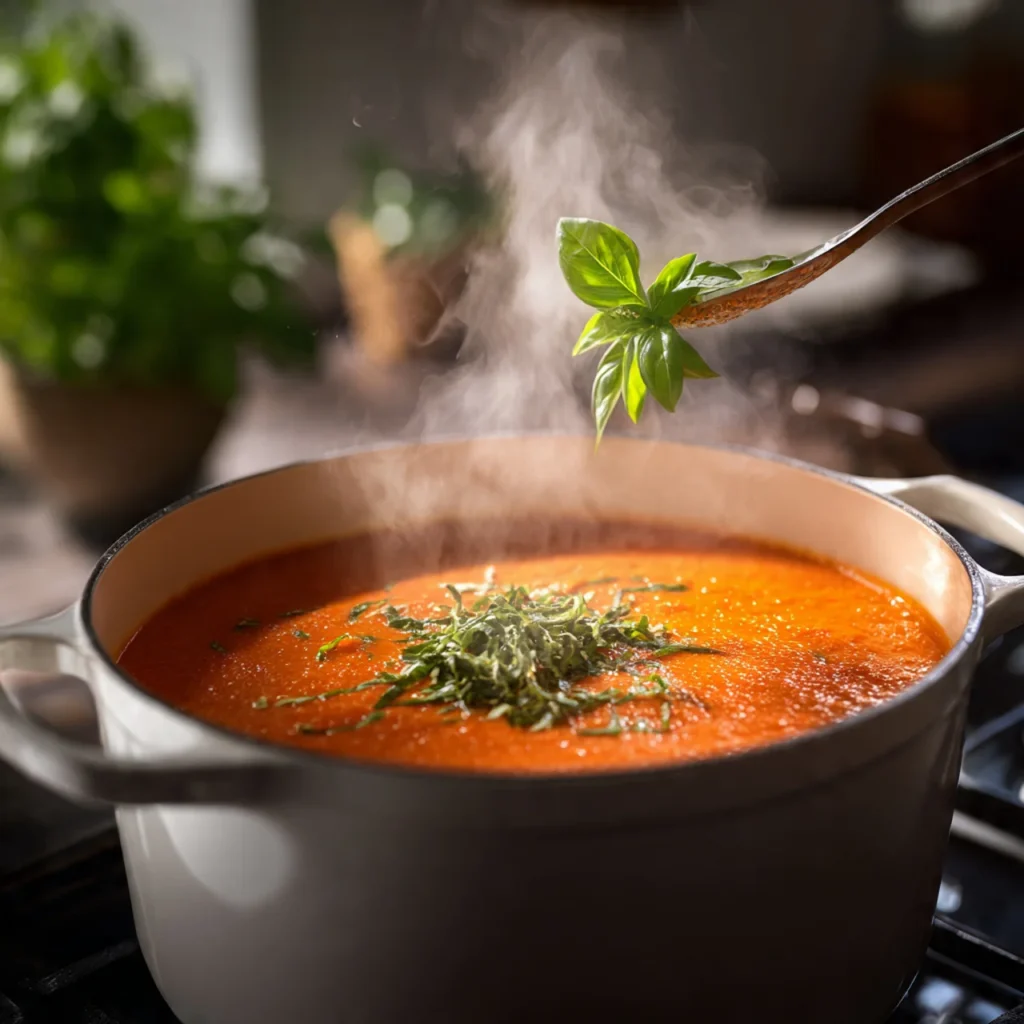 Blending roasted tomato soup into creamy texture