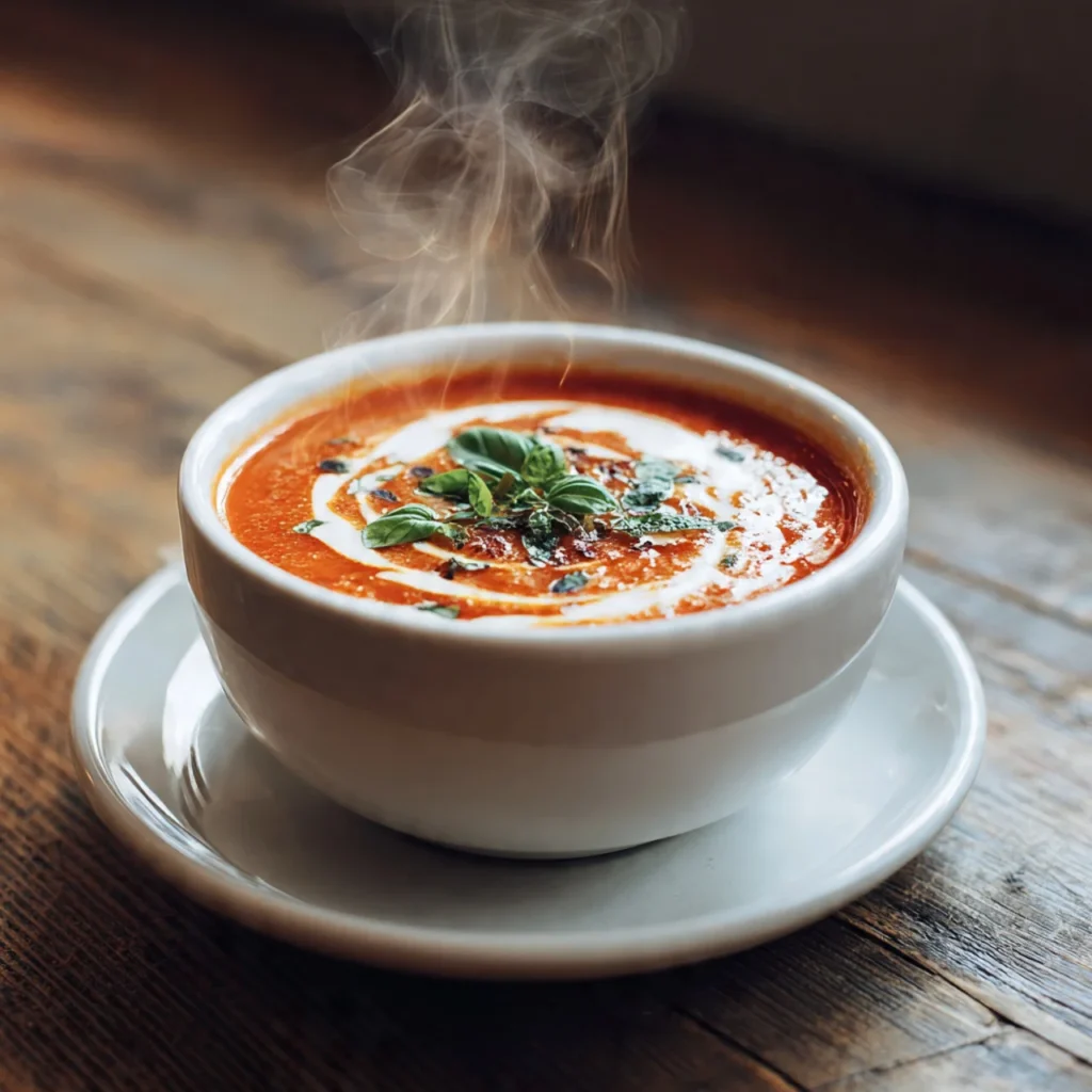 Homemade tomato soup with basil garnish served hot