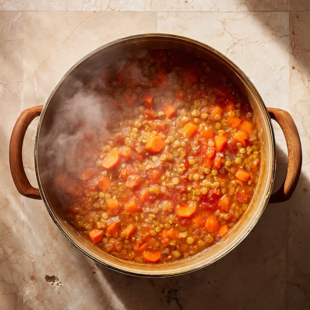 Lentil stew simmering with carrots and onions
