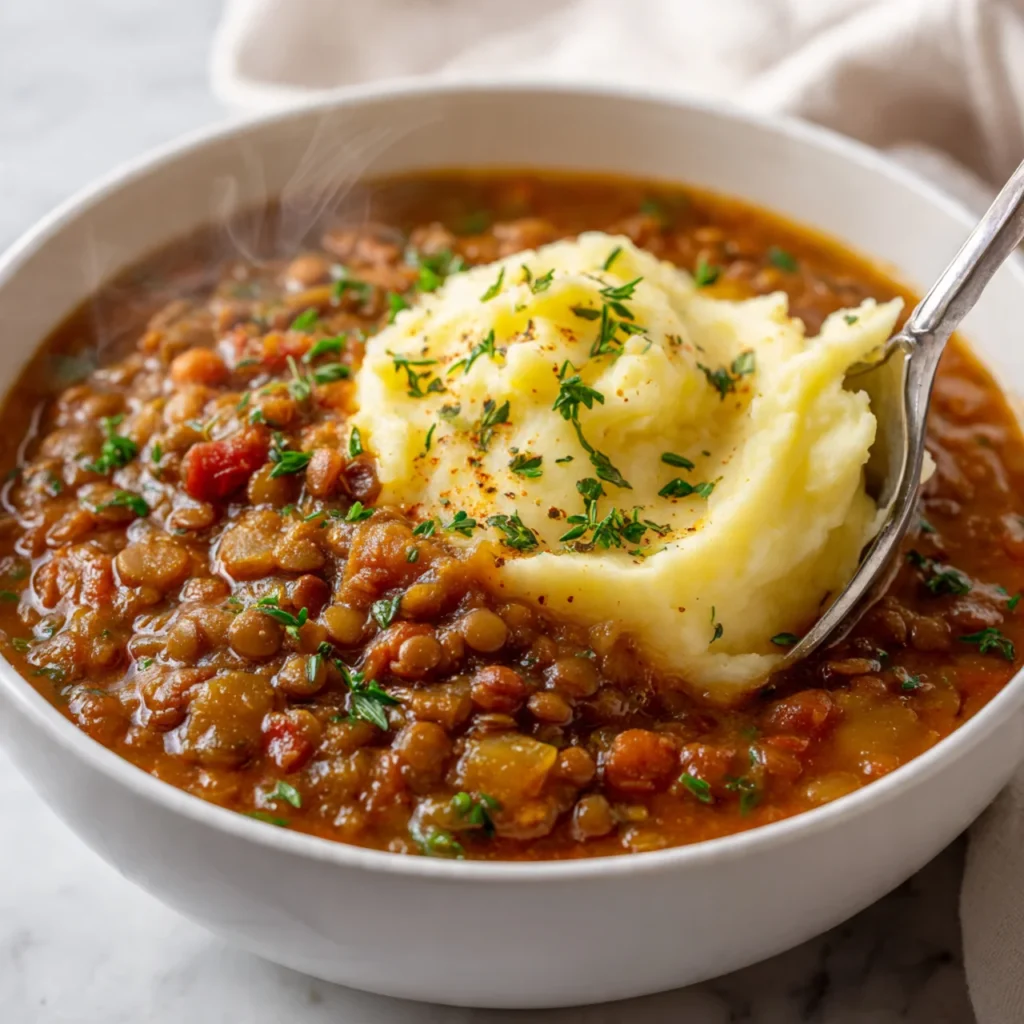 Lentil stew topped with mashed potatoes ready to serve