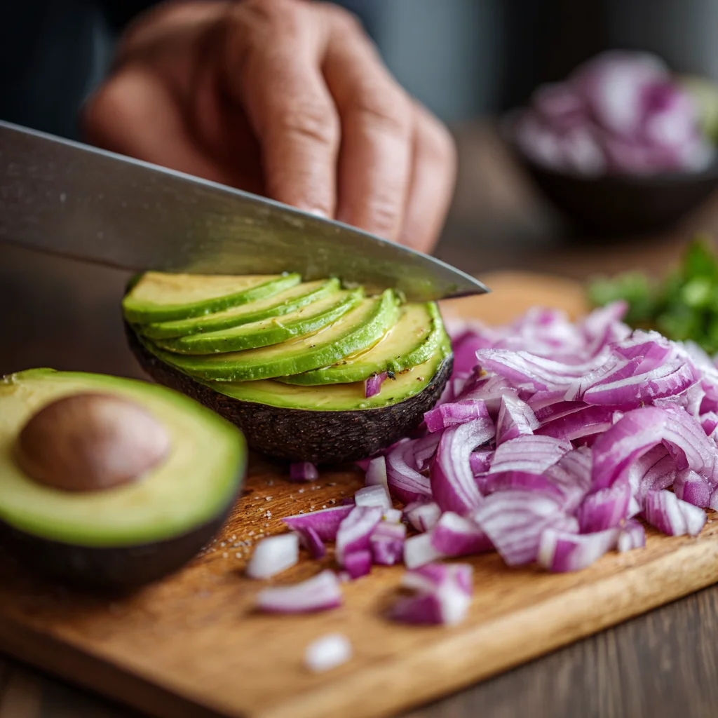 Mexican Poke Bowl – Flavorful Ingredients That Delight You 4 Preparing fresh avocado and red onion for Mexican bowl