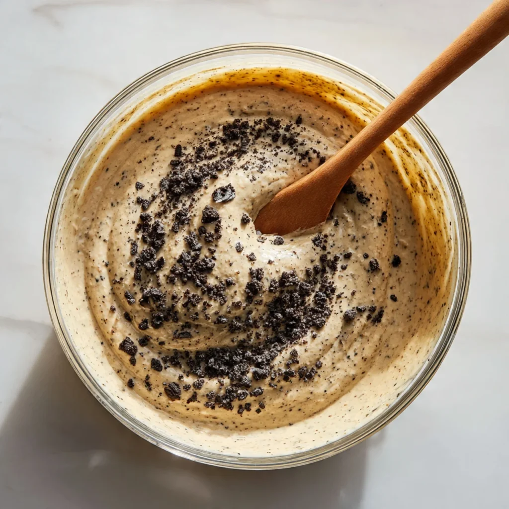 Oreo donut batter with crushed cookies being mixed