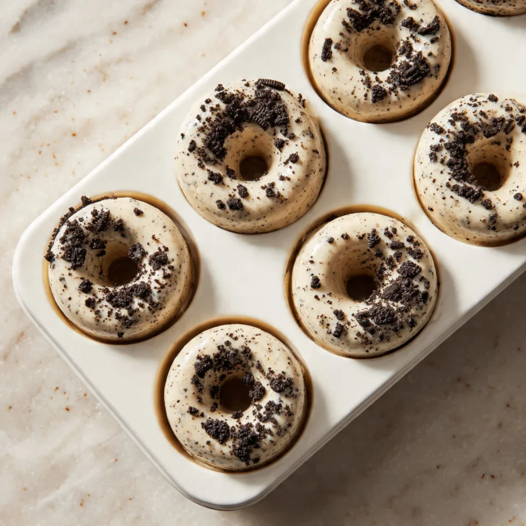 Oreo donut batter filled into donut baking pan