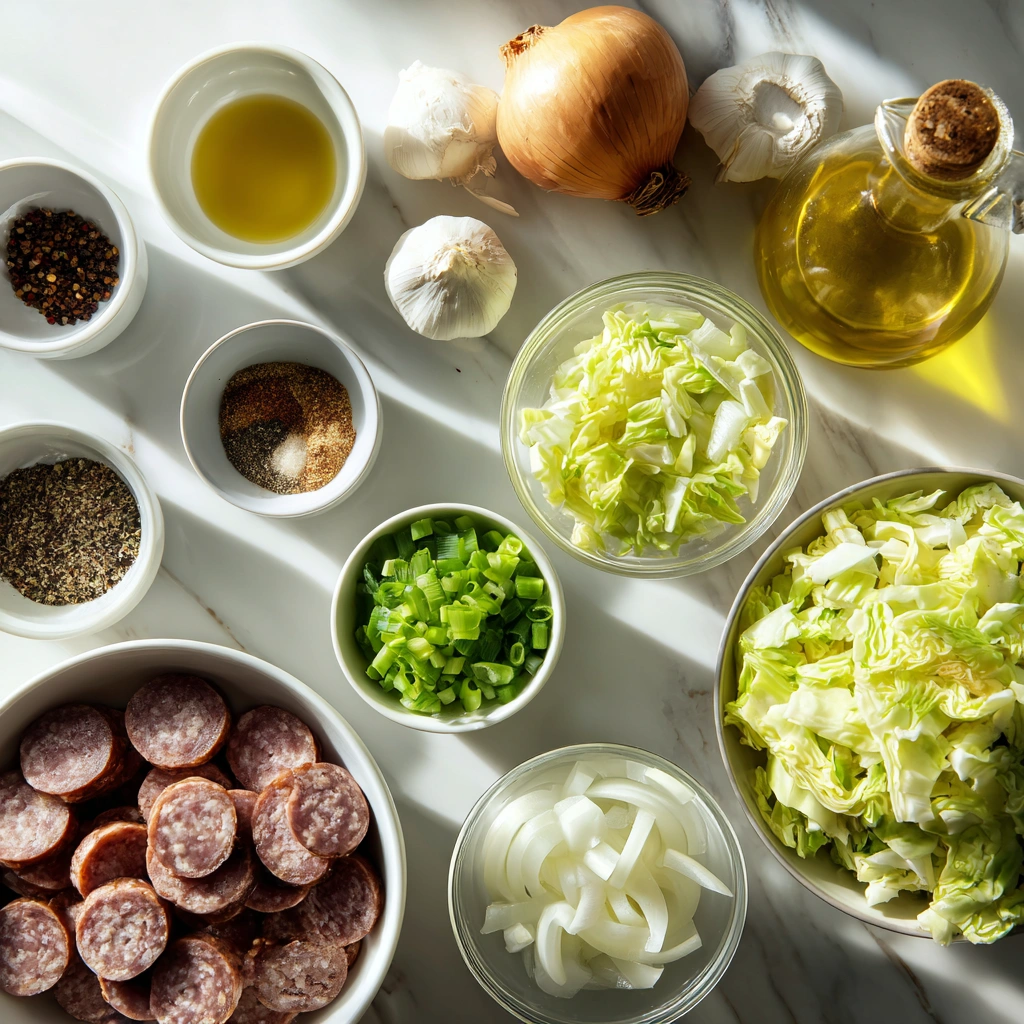 ingredients of Sausage and Cabbage Stir Fry