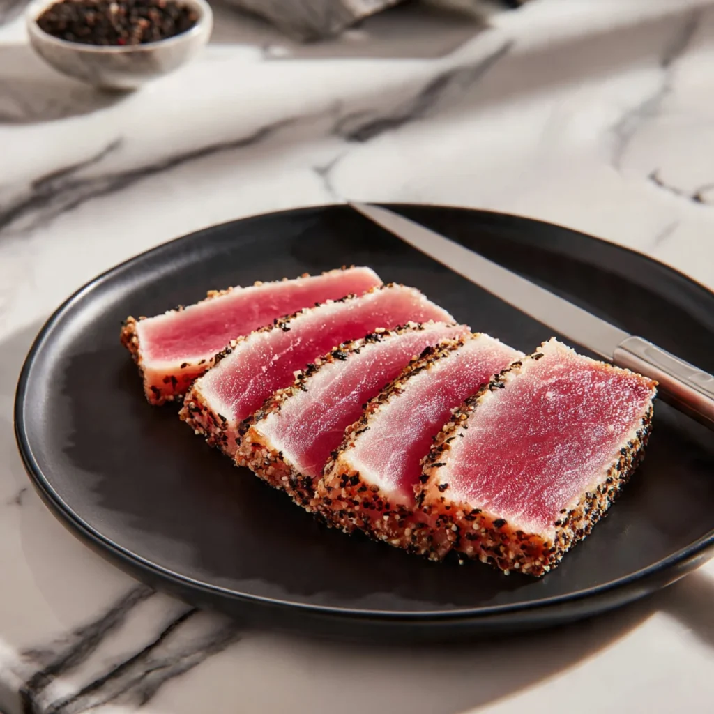 Seared Ahi Tuna Recipe Dipping Sauces Restaurant-Style & Ready in Minutes 5 Sliced seared ahi tuna showing rare pink center