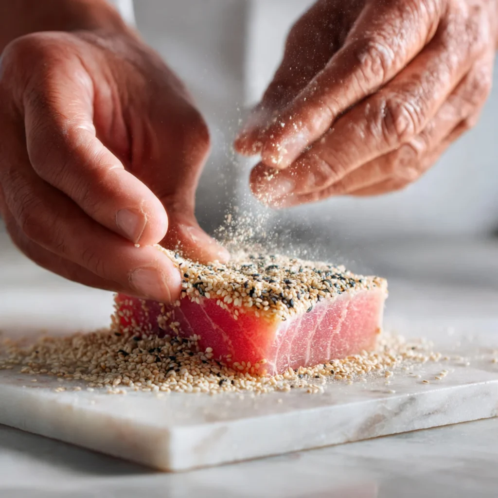 Seared Ahi Tuna Recipe Dipping Sauces Restaurant-Style & Ready in Minutes 3 Sesame crust being applied to ahi tuna before searing