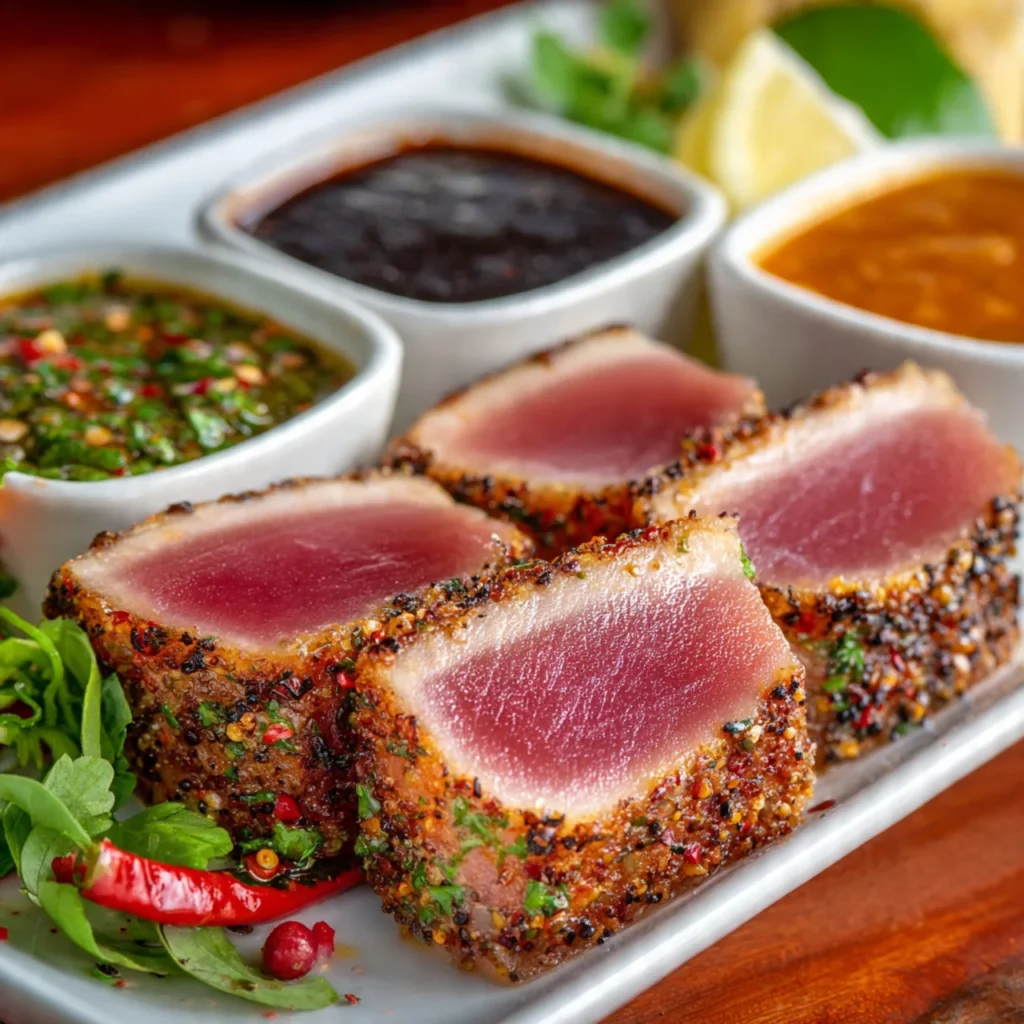 Seared Ahi Tuna Recipe Dipping Sauces Restaurant-Style & Ready in Minutes 6 Seared ahi tuna recipe with dipping sauces plated restaurant style
